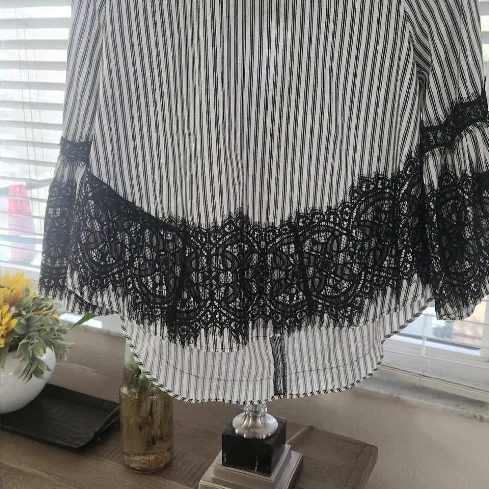 Striped Blouse with Black Lace Trim